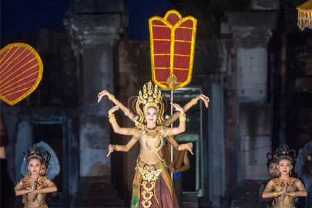 traditional dress Khmer dance girls at the Khmer Temple Ruins at the Phimai Festival in  Phimai in...