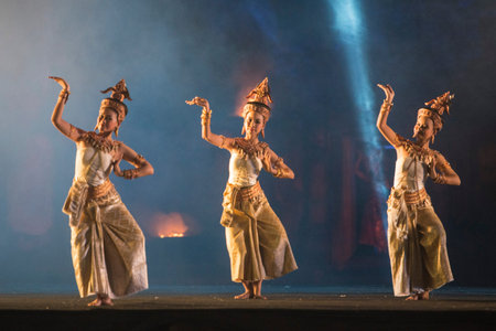 the sound and light show at the Khmer Temple Ruins at the Phimai Festival in  Phimai in the Provinz...