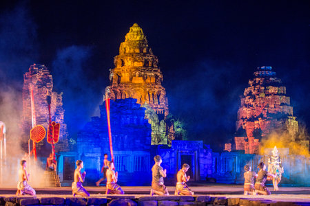 the sound and light show at the Khmer Temple Ruins at the Phimai Festival in  Phimai in the Provinz...
