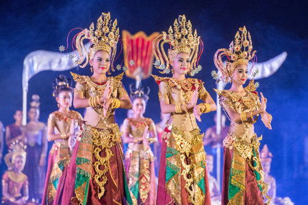 the sound and light show at the Khmer Temple Ruins at the Phimai Festival in  Phimai in the Provinz...