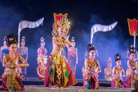 the sound and light show at the Khmer Temple Ruins at the Phimai Festival in  Phimai in the Provinz...