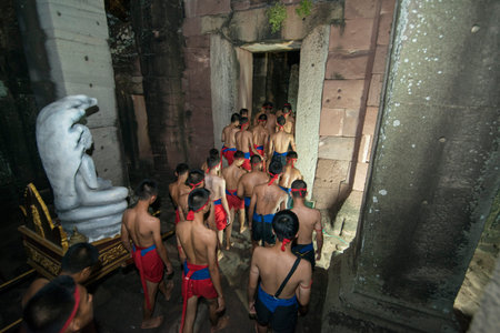 traditional dress Khmer dance girls at the Khmer Temple Ruins at the Phimai Festival in  Phimai in the Provinz Nakhon Ratchasima in Isan in Thailand.  Thailand, Phimai, November, 2017のeditorial素材