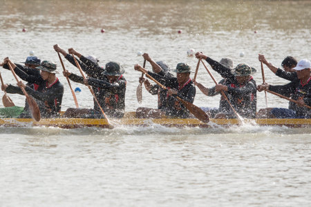 The traditional Longboat Race at the Khlong Chakarai River in the Town of Phimai in the Provinz...