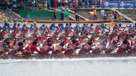 The traditional Longboat Race at the Khlong Chakarai River in the Town of Phimai in the Provinz...