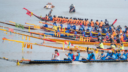 The traditional Longboat Race at the Khlong Chakarai River in the Town of Phimai in the Provinz...