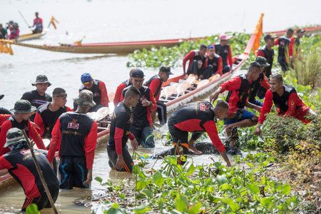 The traditional Longboat Race at the Khlong Chakarai River in the Town of Phimai in the Provinz...