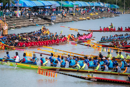 The traditional Longboat Race at the Khlong Chakarai River in the Town of Phimai in the Provinz...
