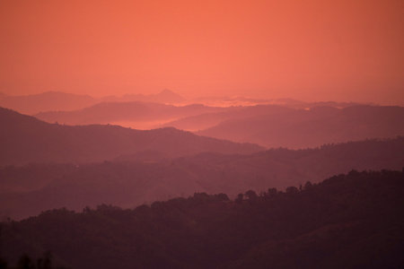 the landscape and sunrise over the town of Mae Salong north of the city Chiang Rai in North Thailand.のeditorial素材