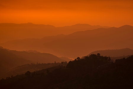 the landscape and sunrise over the town of Mae Salong north of the city Chiang Rai in North Thailand.のeditorial素材
