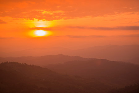 the landscape and sunrise over the town of Mae Salong north of the city Chiang Rai in North...
