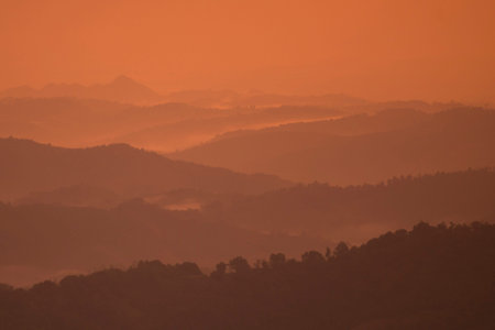 the landscape and sunrise over the town of Mae Salong north of the city Chiang Rai in North Thailand.のeditorial素材