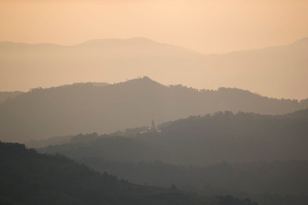 the landscape and sunrise over the town of Mae Salong north of the city Chiang Rai in North Thailand.のeditorial素材