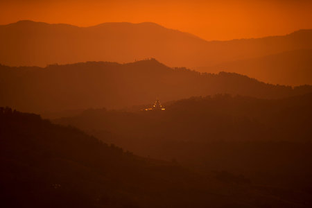 the landscape and sunrise over the town of Mae Salong north of the city Chiang Rai in North Thailand.のeditorial素材