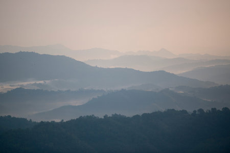 the landscape and sunrise over the town of Mae Salong north of the city Chiang Rai in North Thailand.のeditorial素材