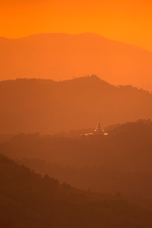 the landscape and sunrise over the town of Mae Salong north of the city Chiang Rai in North Thailand.のeditorial素材