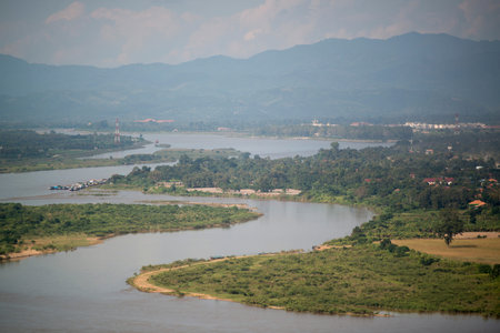 the landscape of the mekong river at the town of Chiang khong the north of the provinz Chiang Rai in...