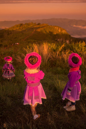 childern of the Hill Tribe of Hmong enjoy at the Cliff of Phu Chi Fa in the Chiang Rai Province in...