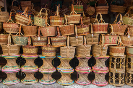 hand made basket at the Border Market in front of the Thai Border in the town of Mae Sai on the Border to Myanmar in the Chiang Rai Province in North Thailand.   Thailand, Mae Sai, November, 2019のeditorial素材