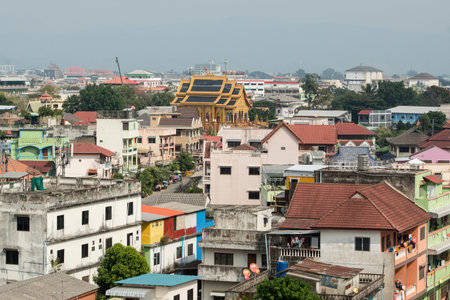 a city view of the town of Tachlieik of Myanmar naxt to the town of Mae Sai in Thailand on the Border to Thailand in the Chiang Rai Province in North Thailand.   Thailand, Mae Sai, November, 2019のeditorial素材