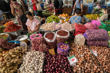 fresh vegetable at the food market in the town of Mae Sai on the Border to Myanmar in the Chiang Rai Province in North Thailand.   Thailand, Mae Sai, November, 2019のeditorial素材