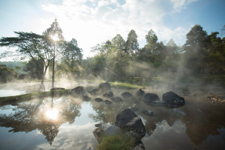 the hot springs in the nationalpark of Chae Son or Jaesorn north of the city of Lampang in North Thailand.のeditorial素材