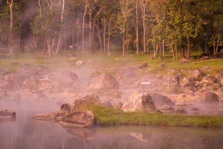 the hot springs in the nationalpark of Chae Son or Jaesorn north of the city of Lampang in North Thailand.のeditorial素材