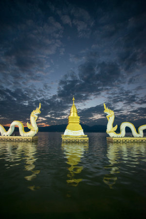 the phayanak or Naga Statue in the landscape at the lake of Kwan Phayao in the city of Phayao in...