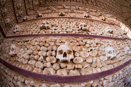 the capela dos ossos at the Igreja do Carmo in the old town of Faro at the east Algarve in the south of Portugal in Europe.のeditorial素材