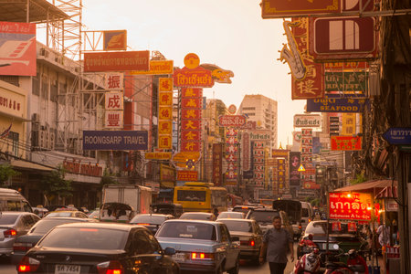 the Road at dusk in the China Town in the city of Bangkok on 3.11.2016 in Thailand