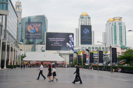 pictures of the former King Bhumibol in the city centre at Pratunam in the city of Bangkok on 3....