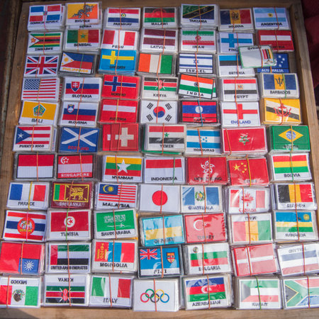 country flag stickers at the marketstreet near the Khao San Roda in the city of Bangkok on 7. 12....
