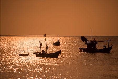 fishing boat at the Bang Saen Beach at the Town of Bangsaen in the Provinz Chonburi in Thailand.  Thailand, Bangsaen, November, 2017のeditorial素材