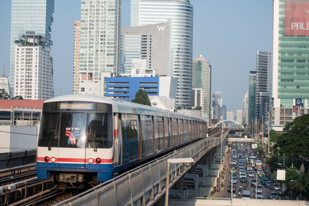a bts skytrain over the trafic at the sathon road in the city centre at Sathon in the city of...