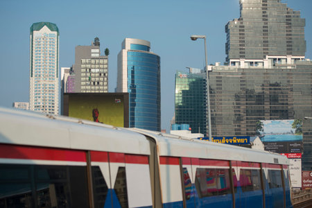 a bts skytrain over the trafic at the sathon road in the city centre at Sathon in the city of...