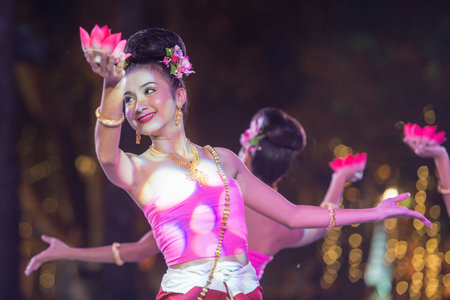 traditional Thai Dance at the Loy Krathong festival at the fort Sumen at the Santichaiparakan park in Banglamphu in the city of Bangkok in Thailand.  Thailand, Bangkok, November, 2017のeditorial素材