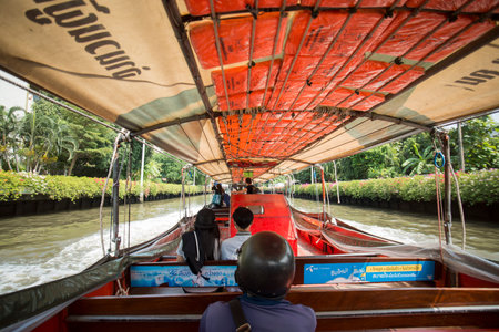 a public boat at the Khlong Saen Saeb at Pratunam in the city of Bangkok in Thailand.  Thailand,...