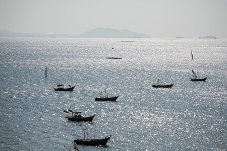 fishing boat at the Bang Saen Beach at the Town of Bangsaen in the Provinz Chonburi in Thailand.  Thailand, Bangsaen, November, 2017のeditorial素材