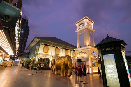 the clock tower of the Asiatique Riverfront Nightmarket in the city of Bangkok in Thailand.  Thailand, Bangkok, November, 2017のeditorial素材