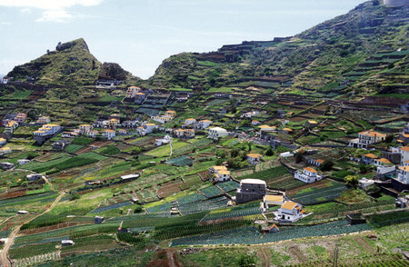 a village in the landscape on the Island of Madeira in the Atlantic Ocean of Portugal.