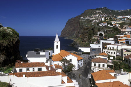 the city centre in the old town of Camara de lobosl on the Island of Madeira in the Atlantic Ocean of Portugal.のeditorial素材