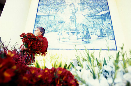 the flower market in the market hall in the old town of Funchal on the Island of Madeira in the Atlantic Ocean of Portugal.のeditorial素材