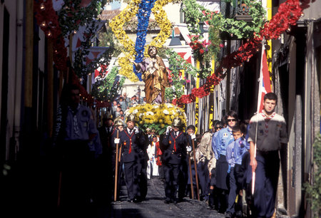 a religion procession in the old town of Funchal on the Island of Madeira in the Atlantic Ocean of...