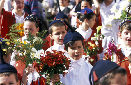 a parade of the Spring Flower Festival in the city of Funchal on the Island of Madeira in the...