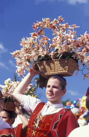 a parade of the Spring Flower Festival in the city of Funchal on the Island of Madeira in the Atlantic Ocean of Portugal.のeditorial素材