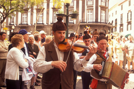 a parade of the Spring Flower Festival in the city of Funchal on the Island of Madeira in the Atlantic Ocean of Portugal.のeditorial素材