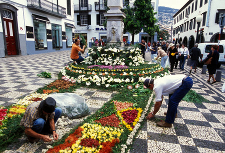 a parade of the Spring Flower Festival in the city of Funchal on the Island of Madeira in the...