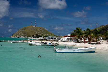 a beach at the village on the Gran Roque Island at the Los Roques Islands in the caribbean sea of Venezuela.のeditorial素材