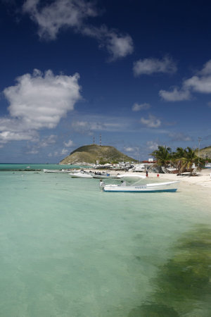 a beach at the village on the Gran Roque Island at the Los Roques Islands in the caribbean sea of Venezuela.のeditorial素材
