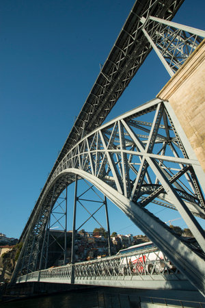 the Ponte de Dom Luis 1 on the Douro River in Ribeira in the city centre of Porto in Porugal in...