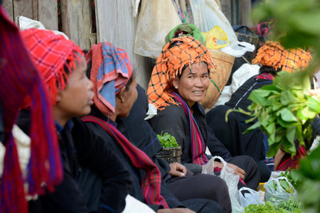 People at the Market at the Village of Phaung Daw Oo at the Inle Lake in the Shan State in the east...